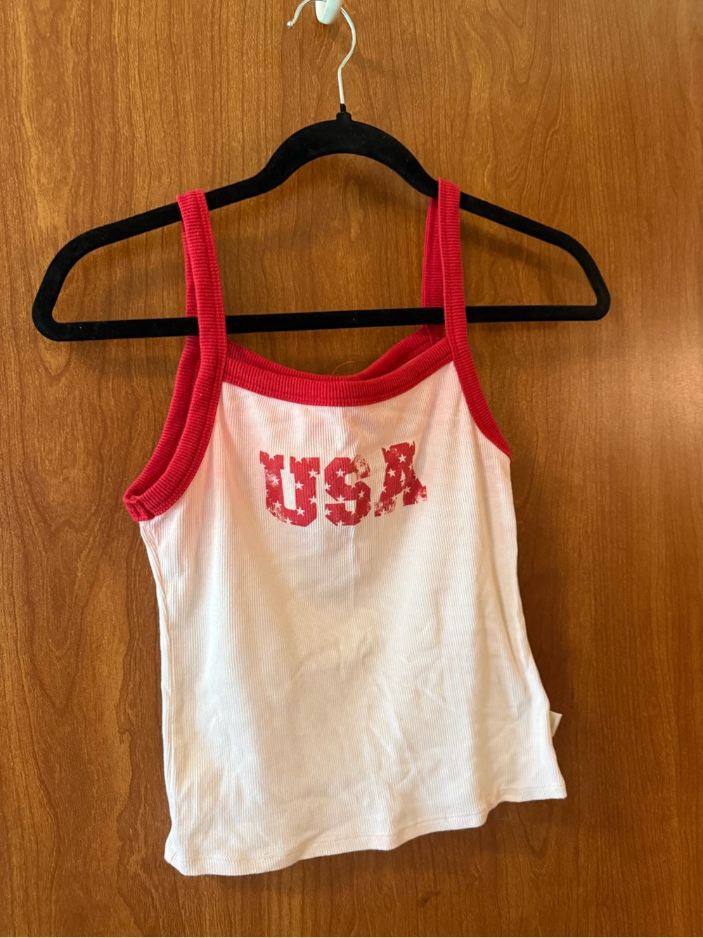 White Tank Top with Red Trim and USA Graphic